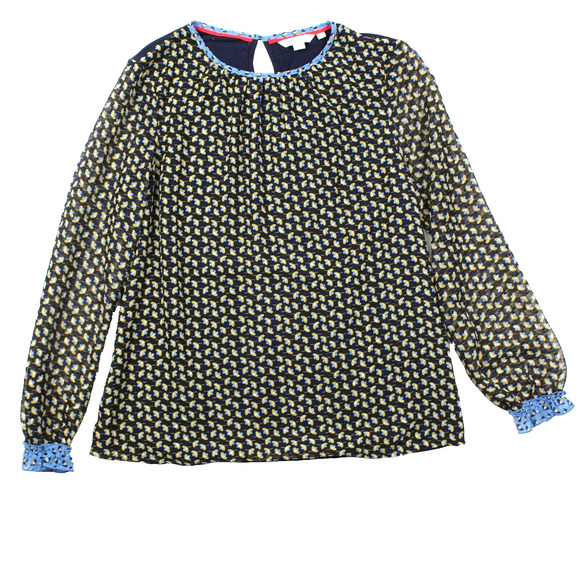 Boden Floral Blouse Womens 8 Navy Yellow Ruffle Sheer Romantic Top Lightweight - Picture 1 of 6